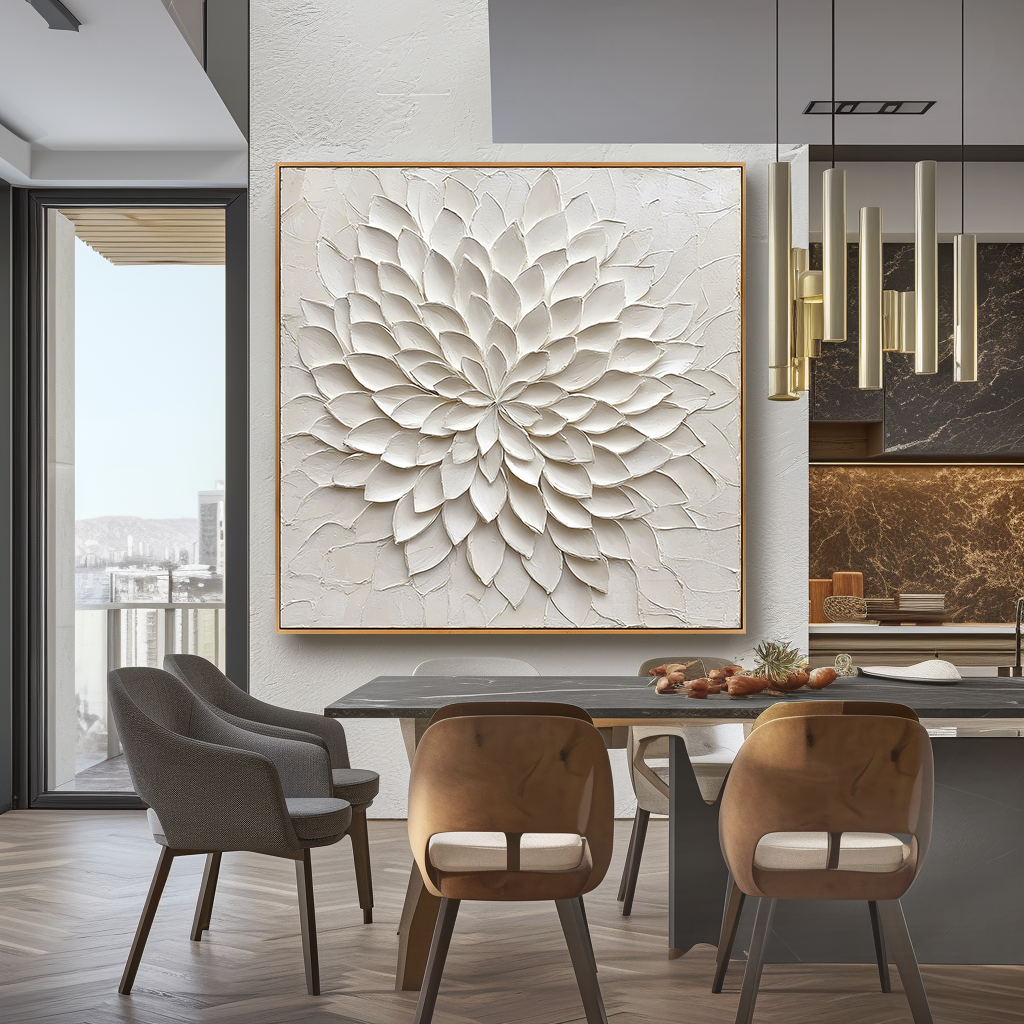 Silent Bloom – Hand-Painted White Textured Floral Wall Art#AB14172