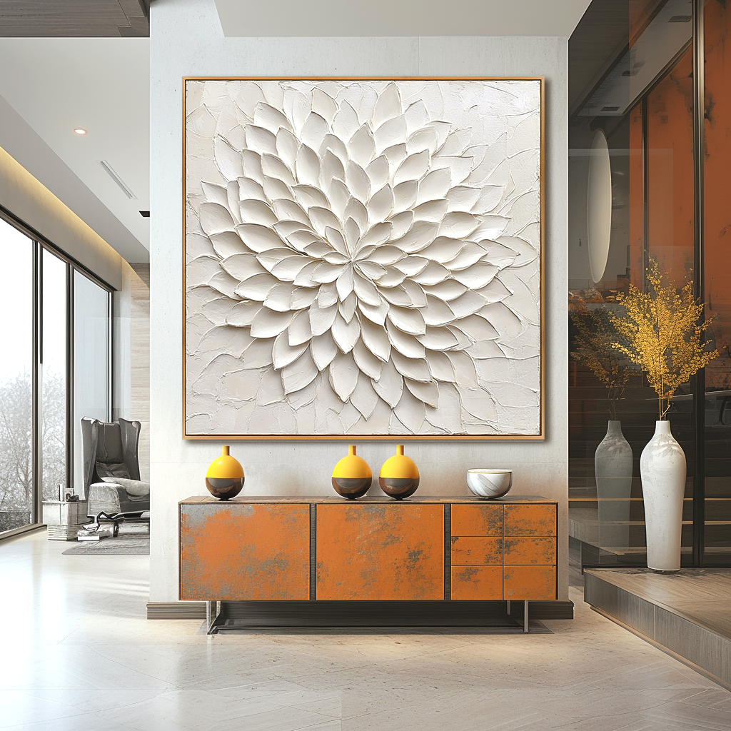 Silent Bloom – Hand-Painted White Textured Floral Wall Art#AB14172