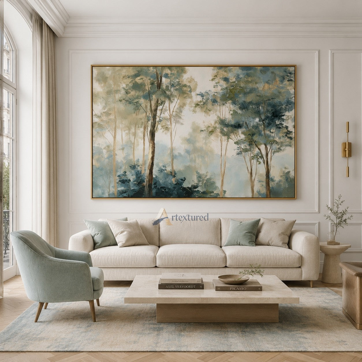 Misty Forest Wall Art with Soft Blue Green Trees#CI260437