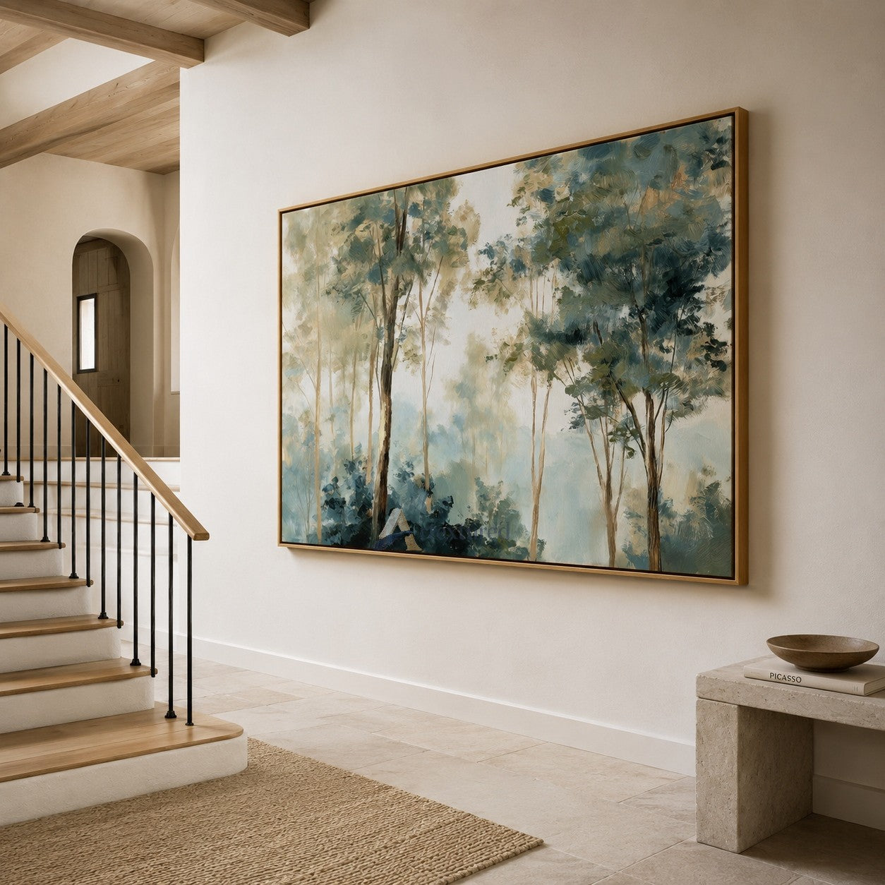 Misty Forest Wall Art with Soft Blue Green Trees#CI260437