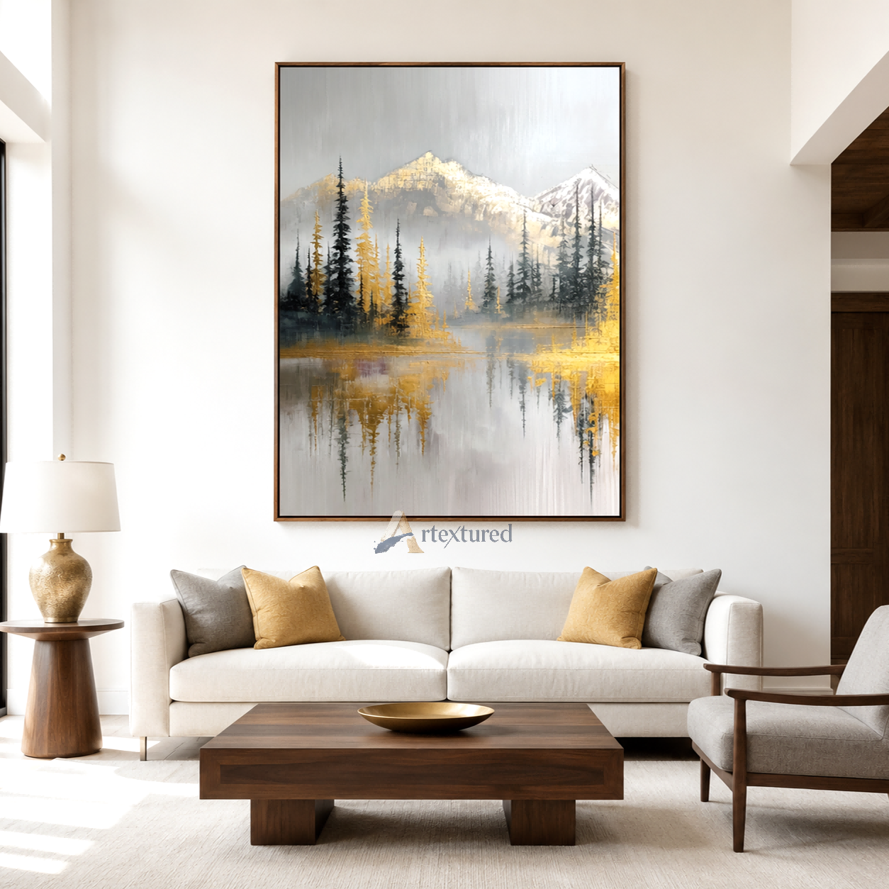 Golden Mountain Lake Wall Art with Forest View#CI260442