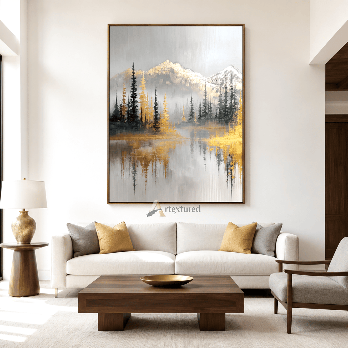 Golden Mountain Lake Wall Art with Forest View#CI260442