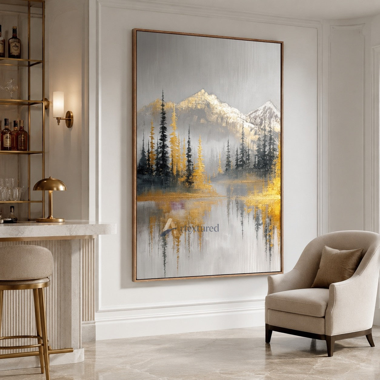 Golden Mountain Lake Wall Art with Forest View#CI260442