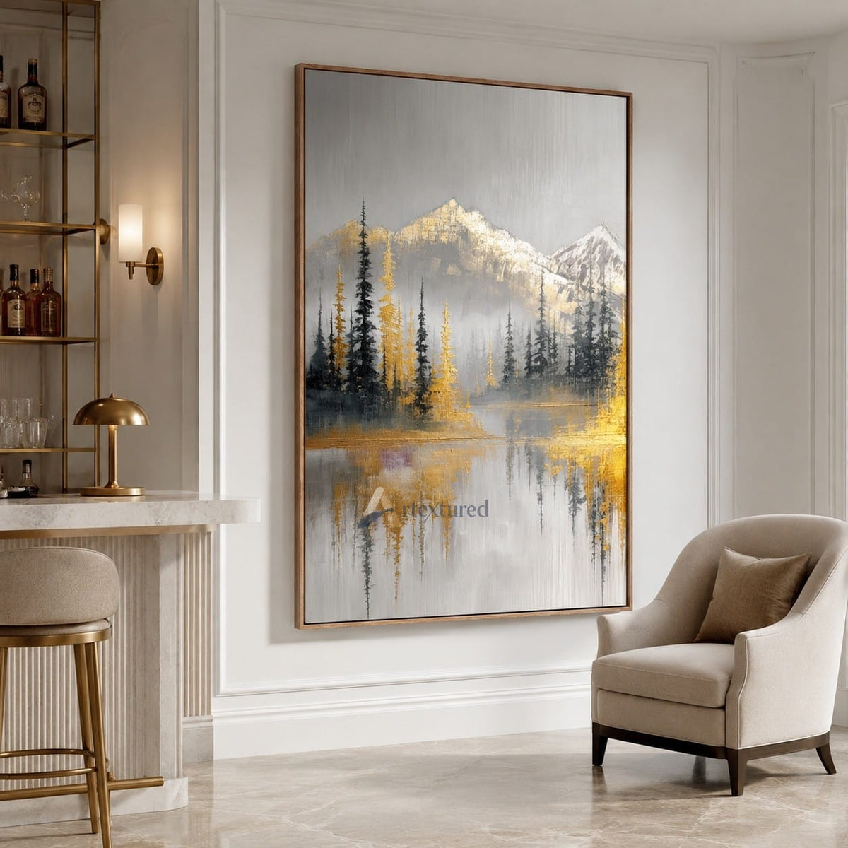 Golden Mountain Lake Wall Art with Forest View#CI260442