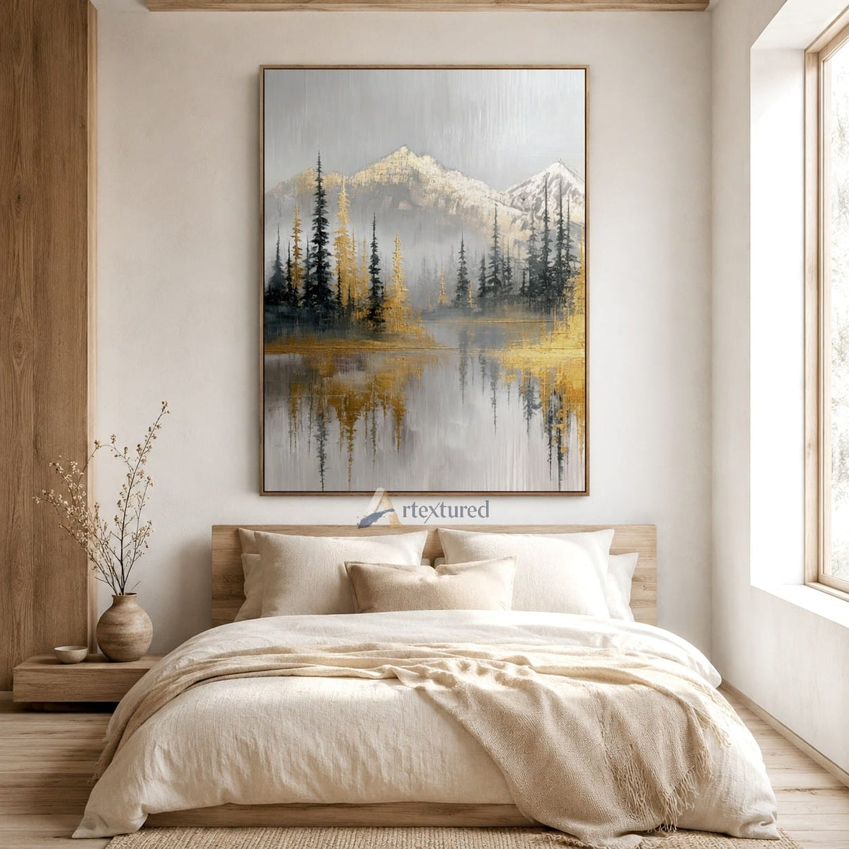 Golden Mountain Lake Wall Art with Forest View#CI260442