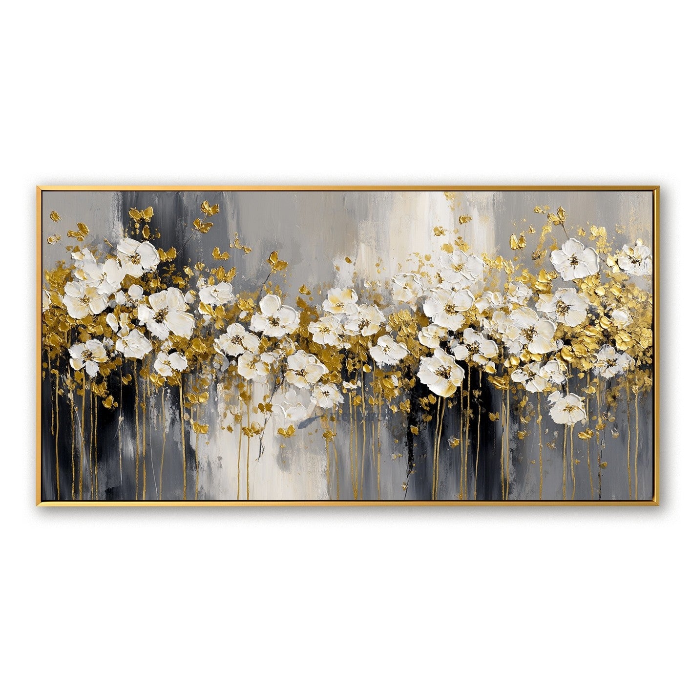 Gold White Floral Wall Art with Textured Flowers#CI260443