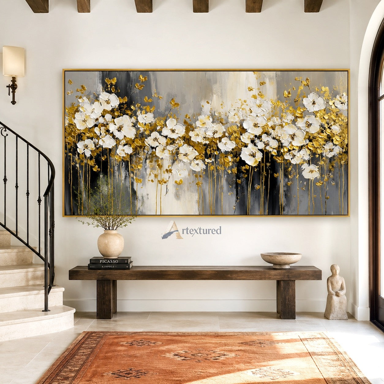 Gold White Floral Wall Art with Textured Flowers#CI260443