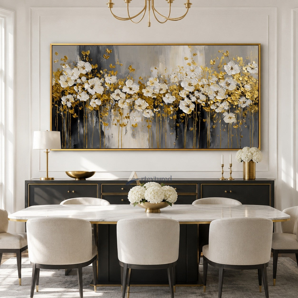 Gold White Floral Wall Art with Textured Flowers#CI260443