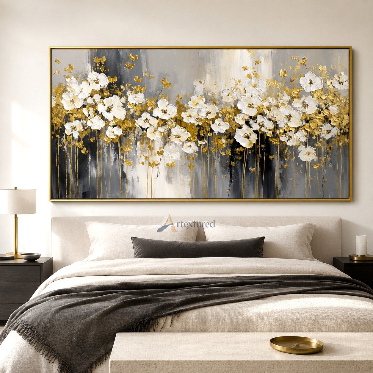 Gold White Floral Wall Art with Textured Flowers#CI260443