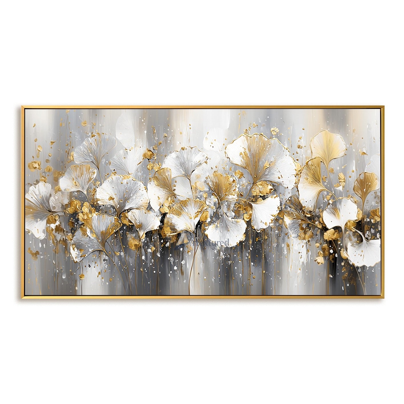 Gold Ginkgo Floral Wall Art with White Flowers#CI260444