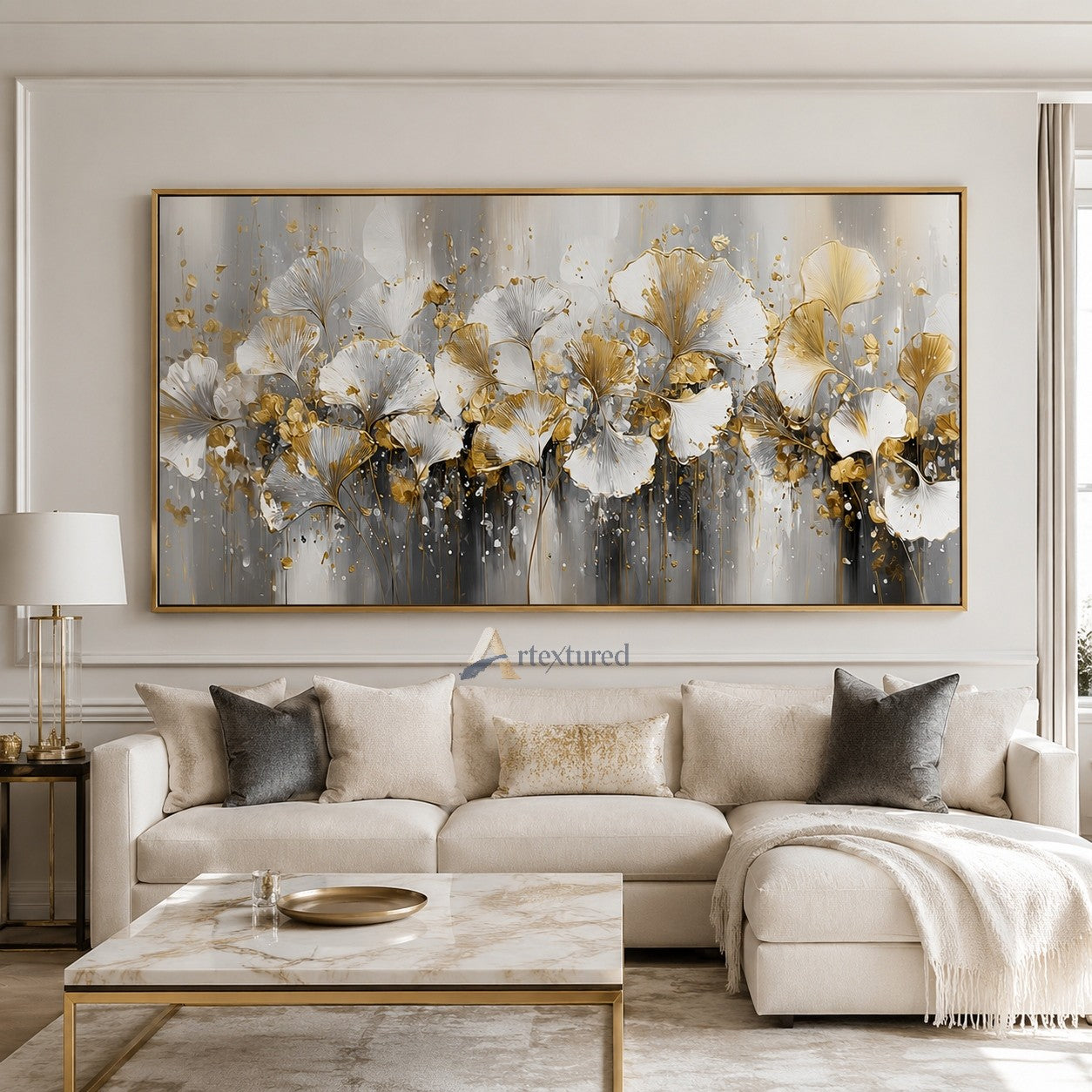Gold Ginkgo Floral Wall Art with White Flowers#CI260444