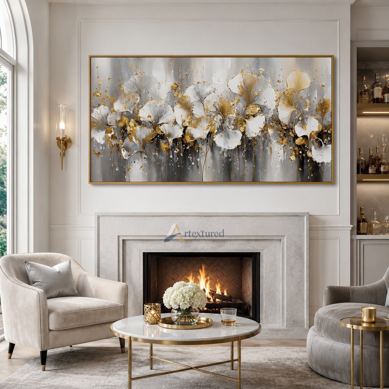 Gold Ginkgo Floral Wall Art with White Flowers#CI260444