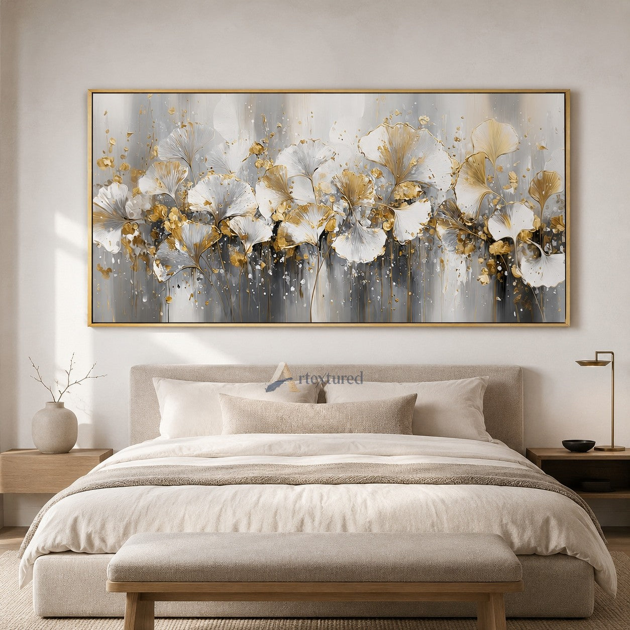 Gold Ginkgo Floral Wall Art with White Flowers#CI260444