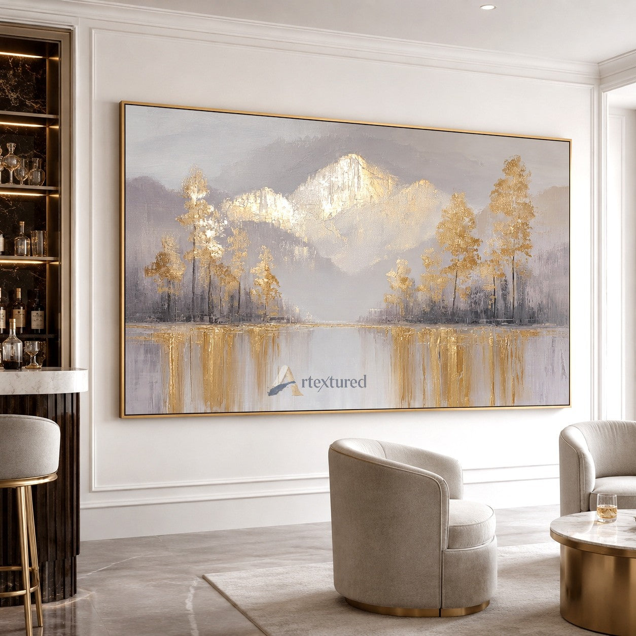 Golden Mountain Landscape Wall Art with Lake View#CI260445