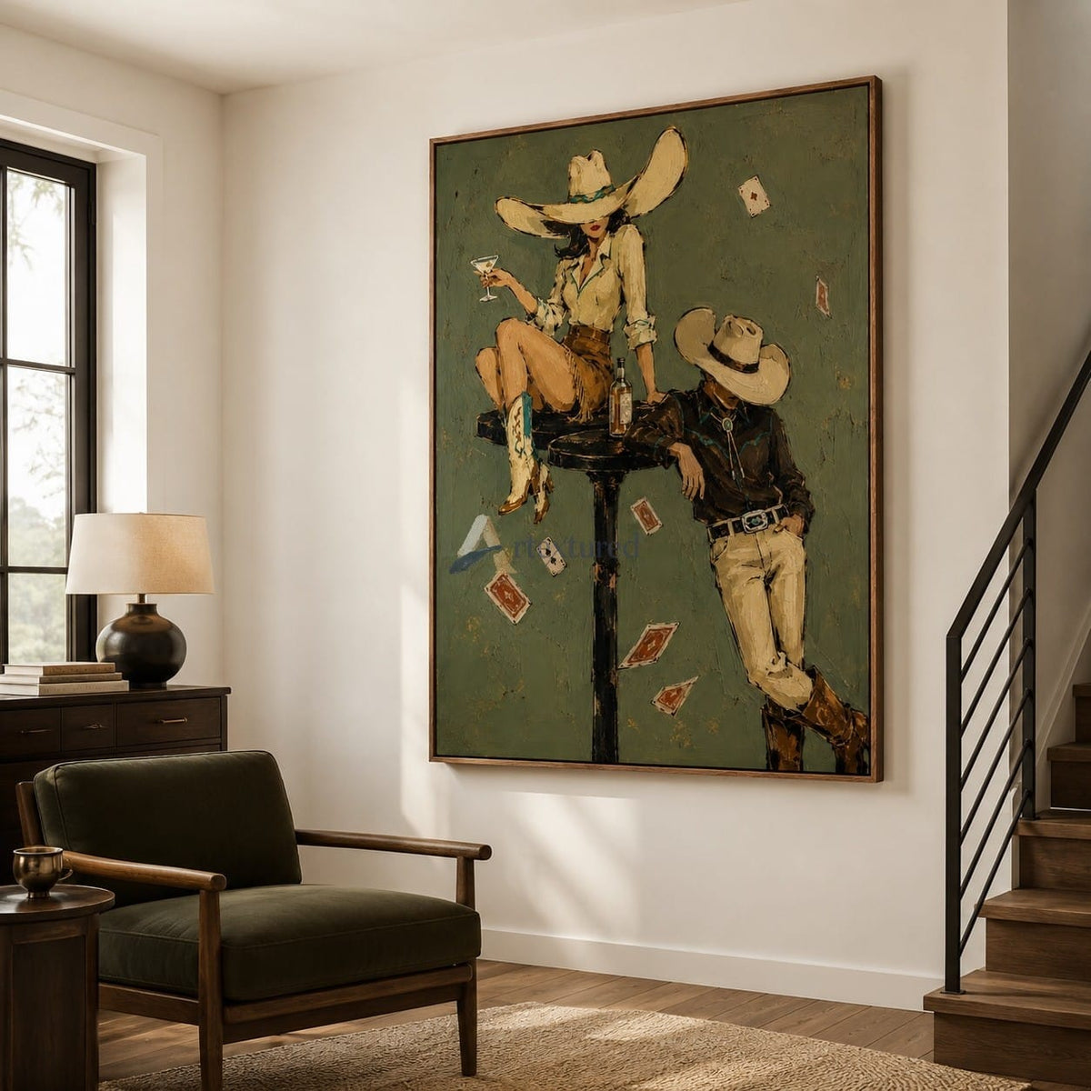 Wild Cards & Whiskey – Textured Cowboy Bar Painting#CI260488
