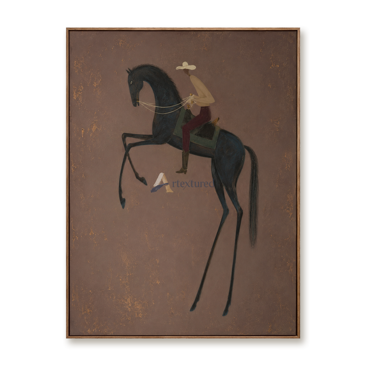 The High Step – Minimalist Black Horse and Cowboy Painting#CI260490
