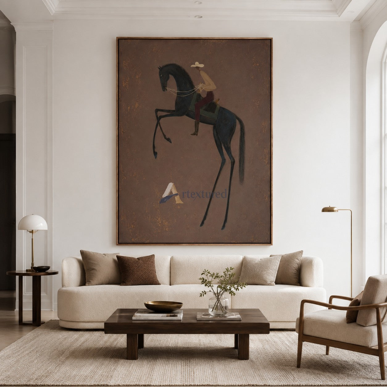 The High Step – Minimalist Black Horse and Cowboy Painting#CI260490