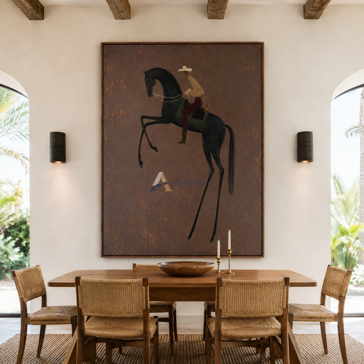 The High Step – Minimalist Black Horse and Cowboy Painting#CI260490