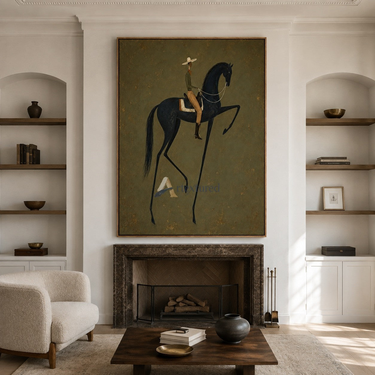 Quiet Command – Minimalist Black Horse and Rider Painting#CI260491