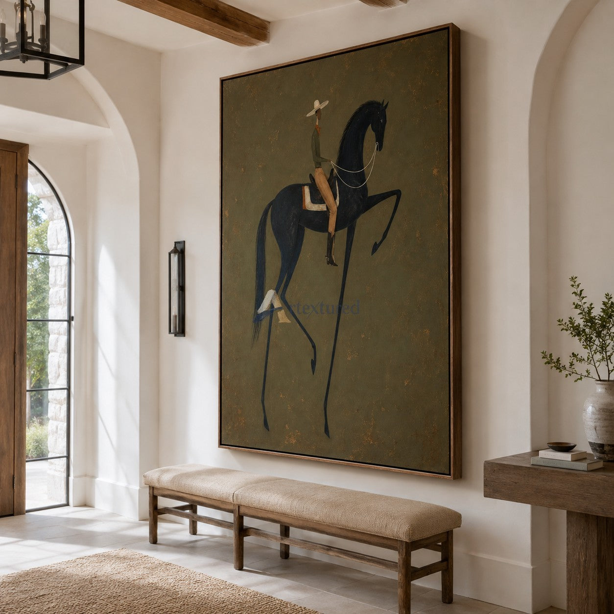 Quiet Command – Minimalist Black Horse and Rider Painting#CI260491