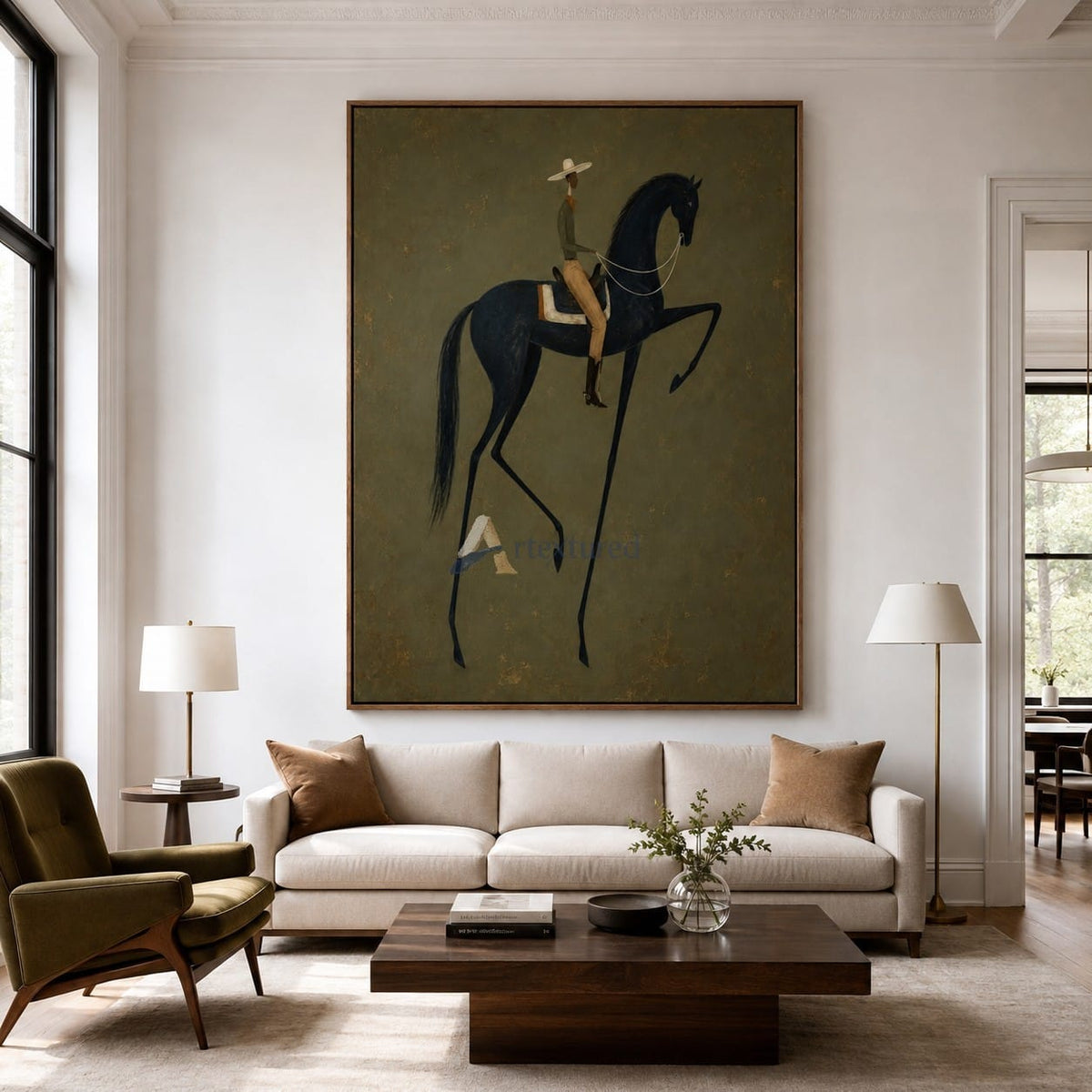 Quiet Command – Minimalist Black Horse and Rider Painting#CI260491