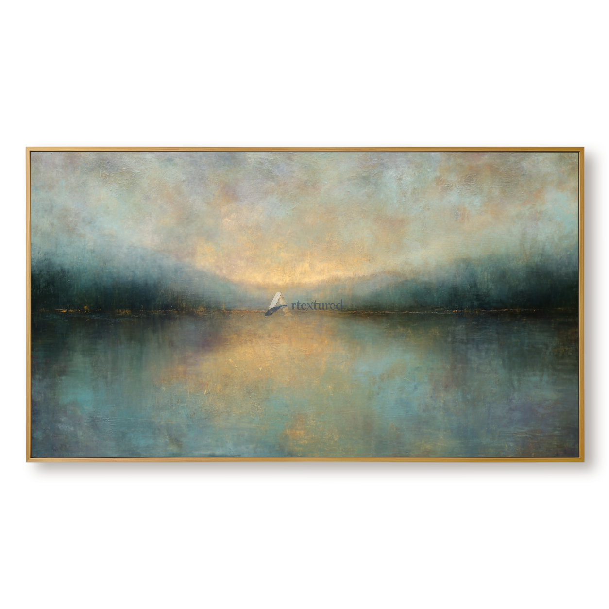 Golden Stillness – Abstract Misty Lake Landscape Oil Painting#CI260515