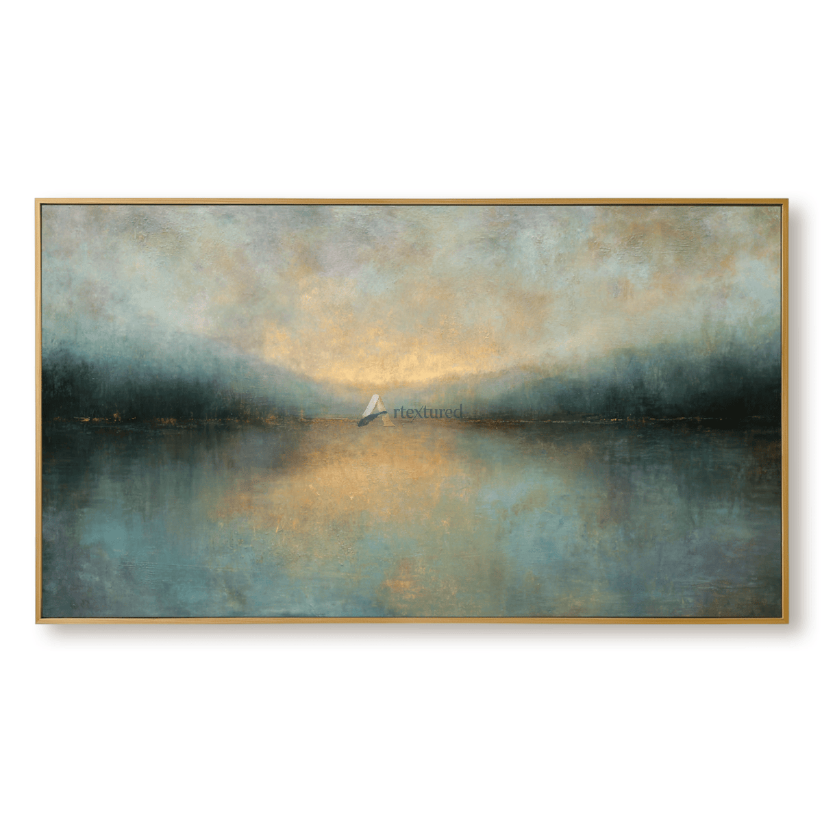 Golden Stillness – Abstract Misty Lake Landscape Oil Painting#CI260515