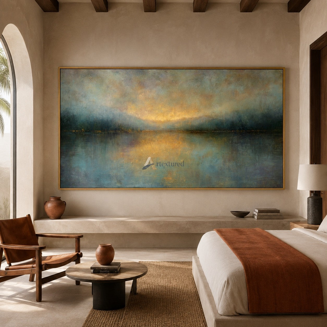 Golden Stillness – Abstract Misty Lake Landscape Oil Painting#CI260515