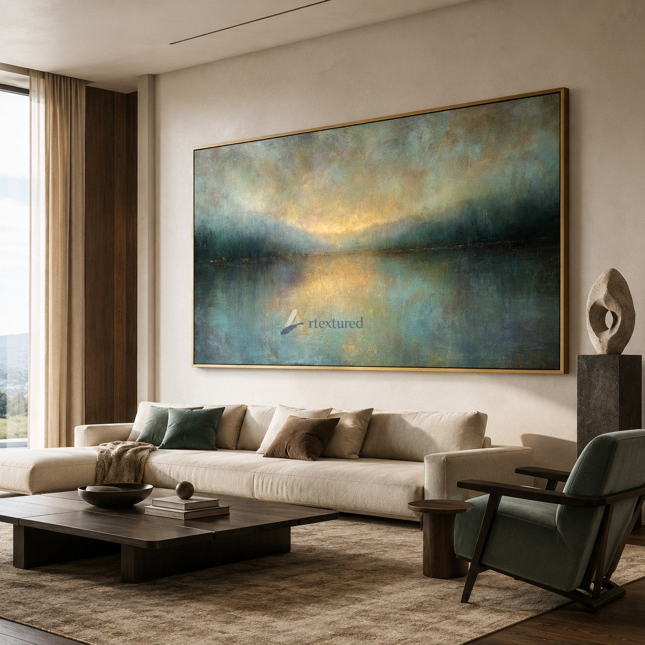 Golden Stillness – Abstract Misty Lake Landscape Oil Painting#CI260515