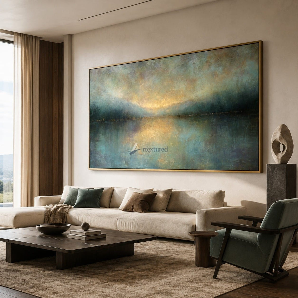 Golden Stillness – Abstract Misty Lake Landscape Oil Painting#CI260515