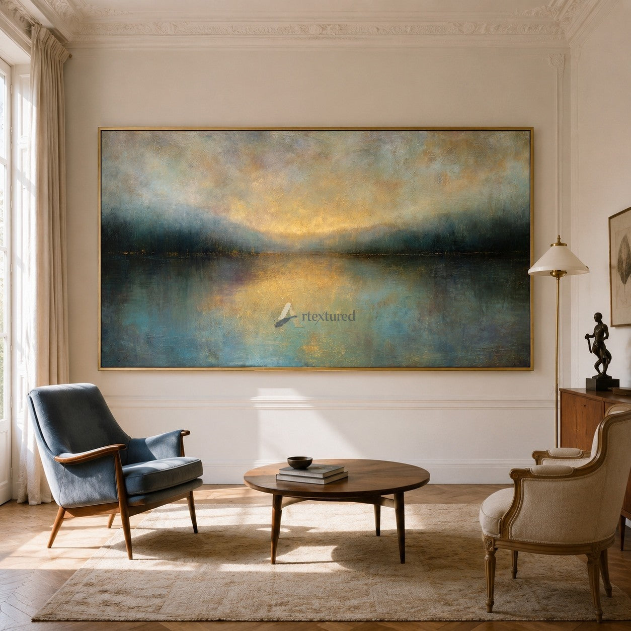 Golden Stillness – Abstract Misty Lake Landscape Oil Painting#CI260515