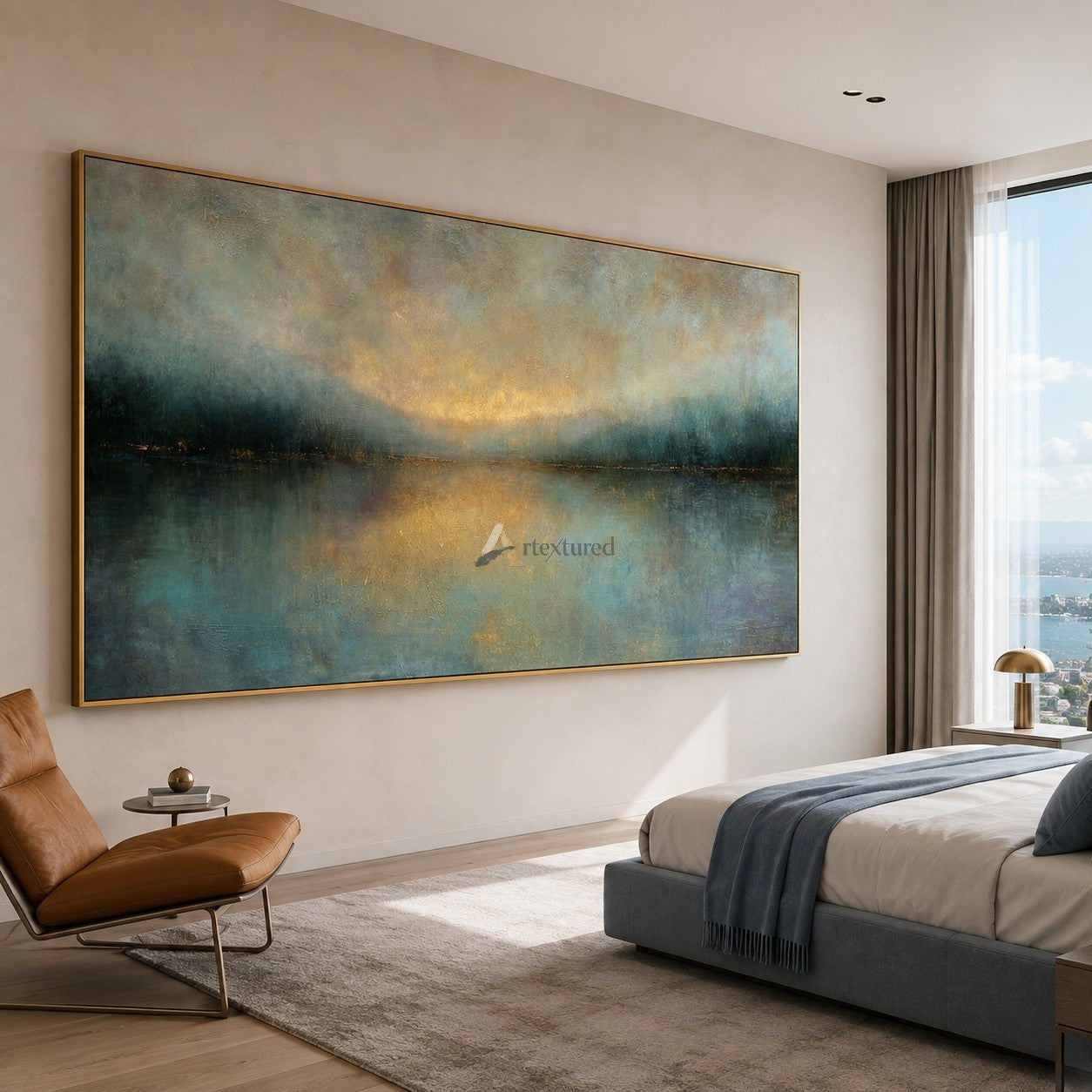 Golden Stillness – Abstract Misty Lake Landscape Oil Painting#CI260515