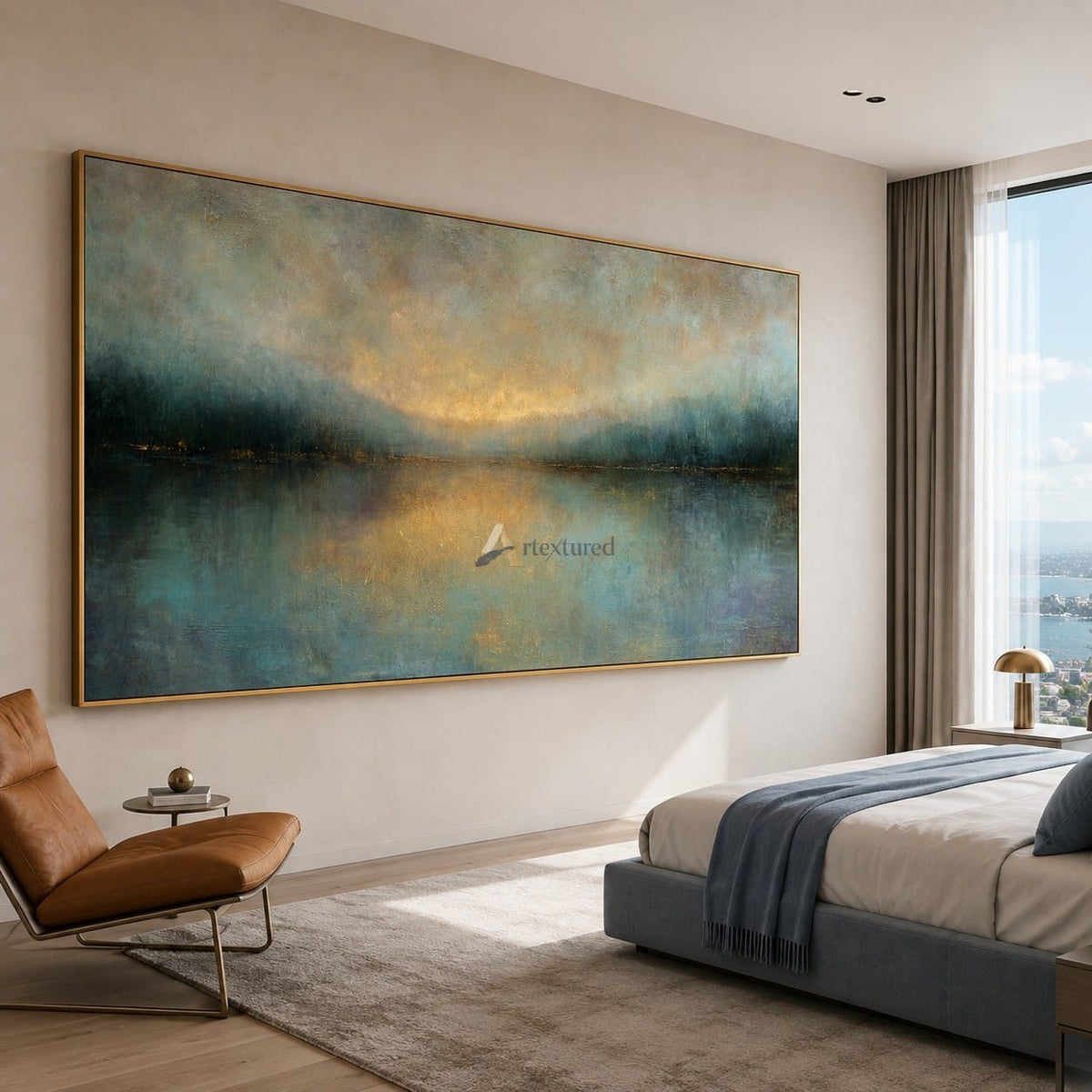 Golden Stillness – Abstract Misty Lake Landscape Oil Painting#CI260515
