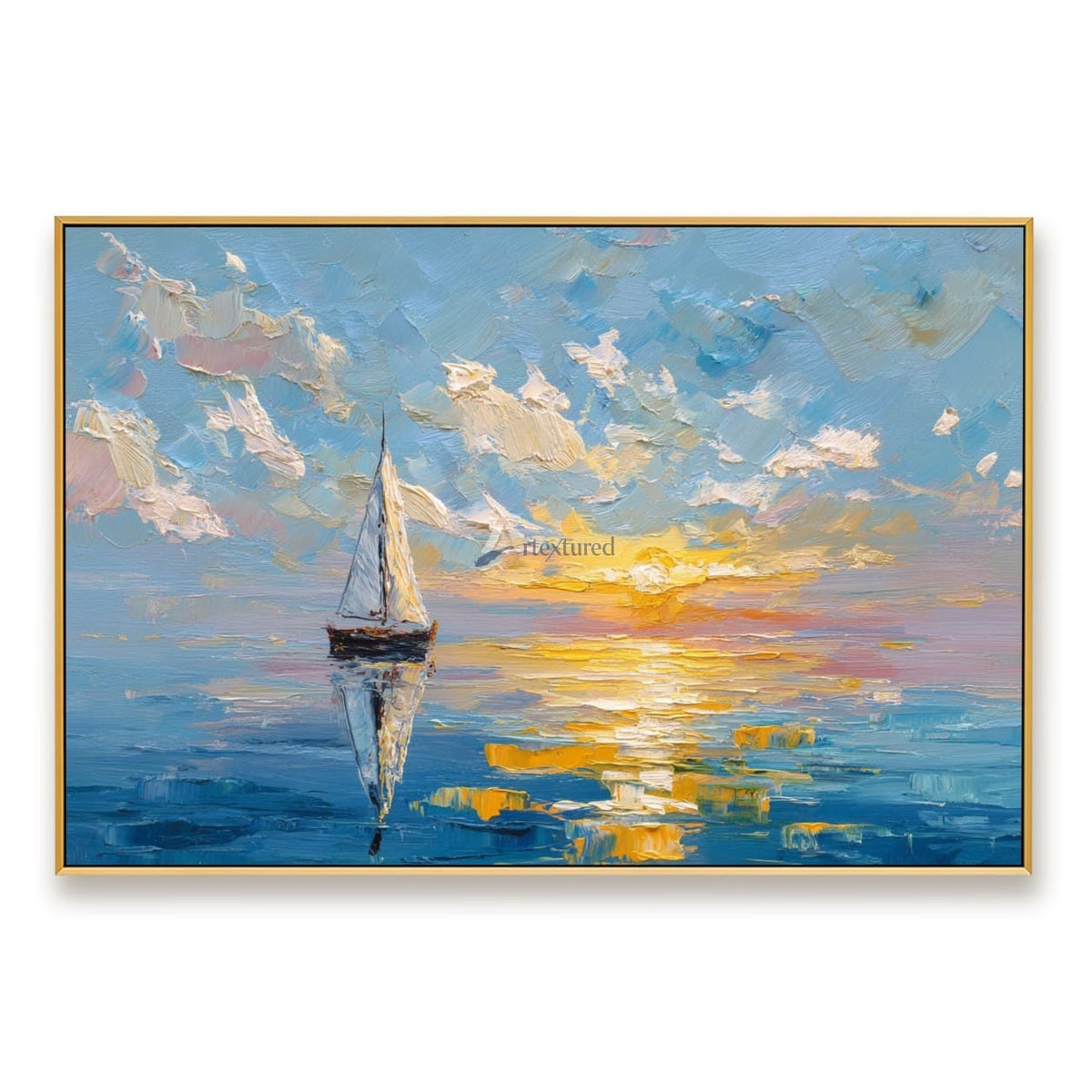 Sunlit Voyage – Impasto Sailboat Sunset Oil Painting#CI260532