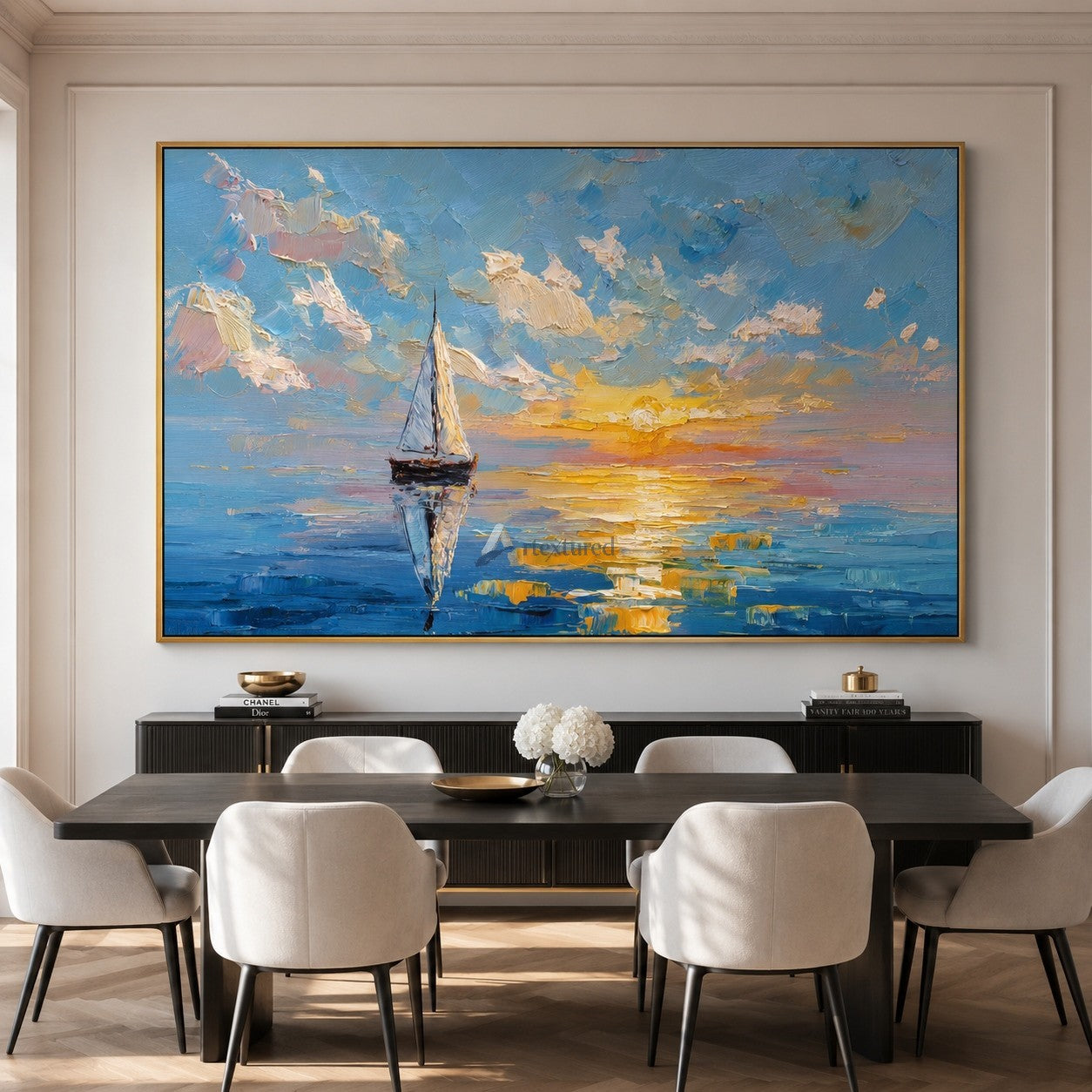 Sunlit Voyage – Impasto Sailboat Sunset Oil Painting#CI260532