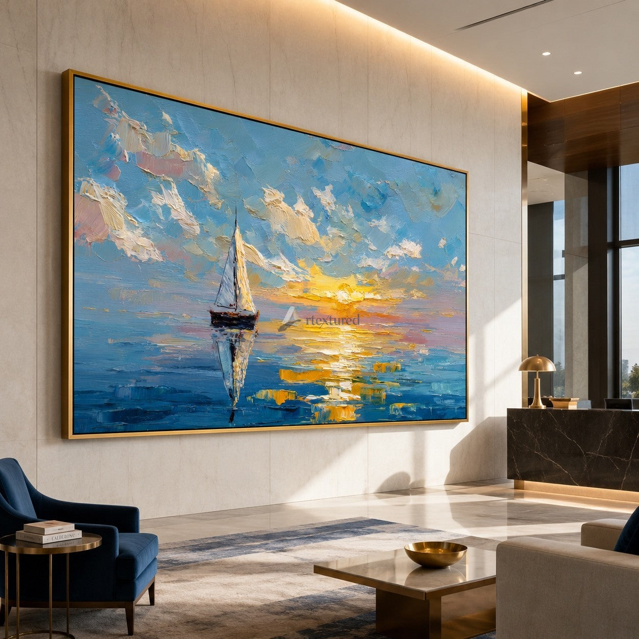 Sunlit Voyage – Impasto Sailboat Sunset Oil Painting#CI260532