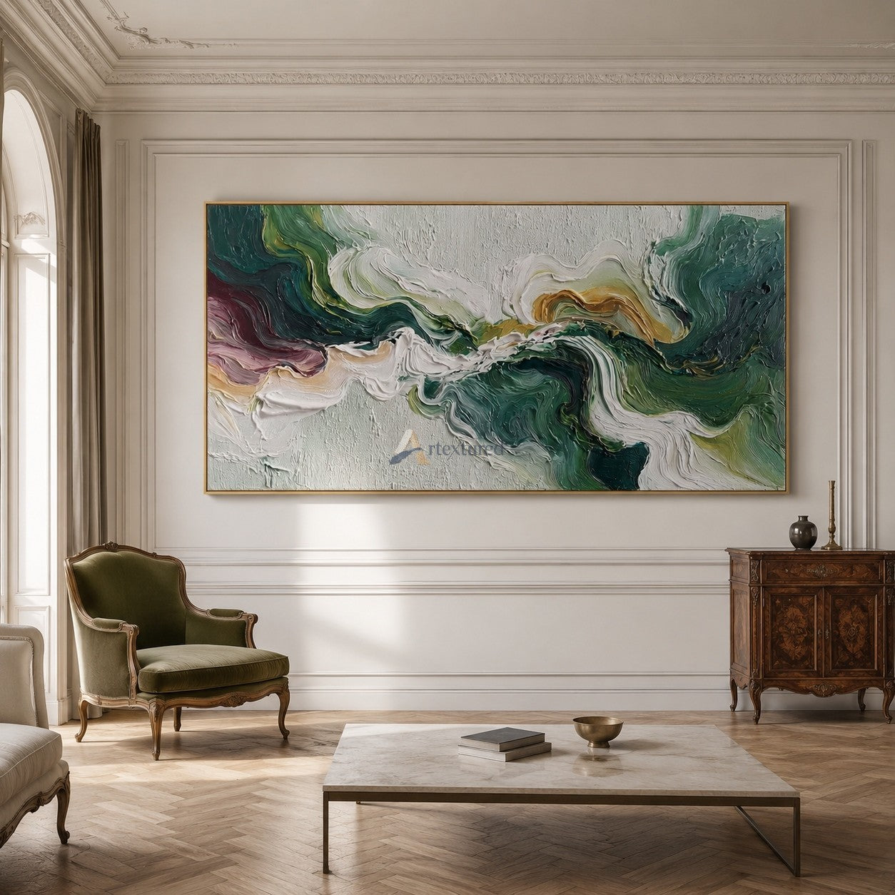 Verdant Tides – Green Textured Abstract Oil Painting#CI260534