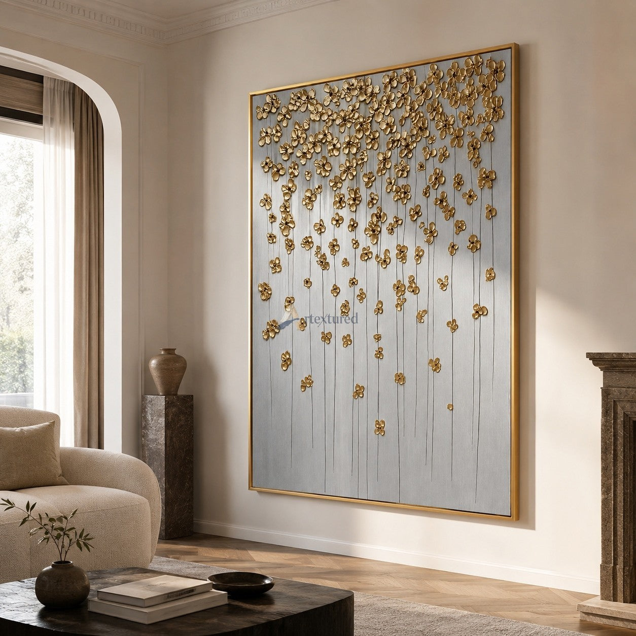 Golden Cascade – Sculptural Floral Wall Art#CI260541