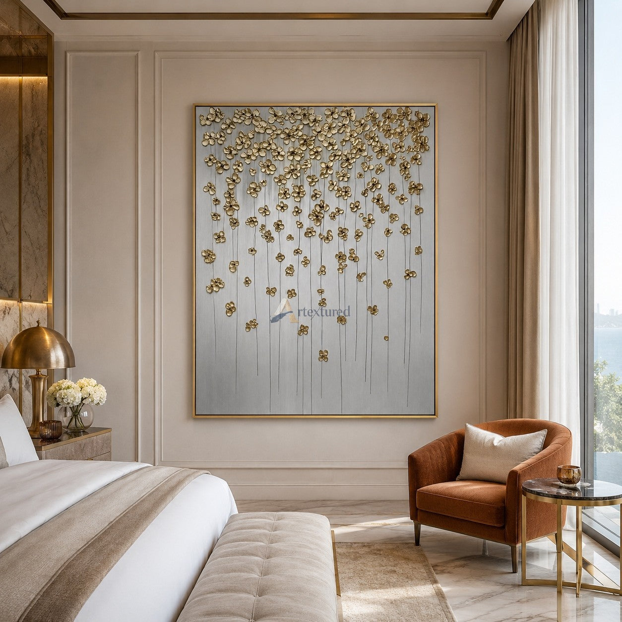 Golden Cascade – Sculptural Floral Wall Art#CI260541