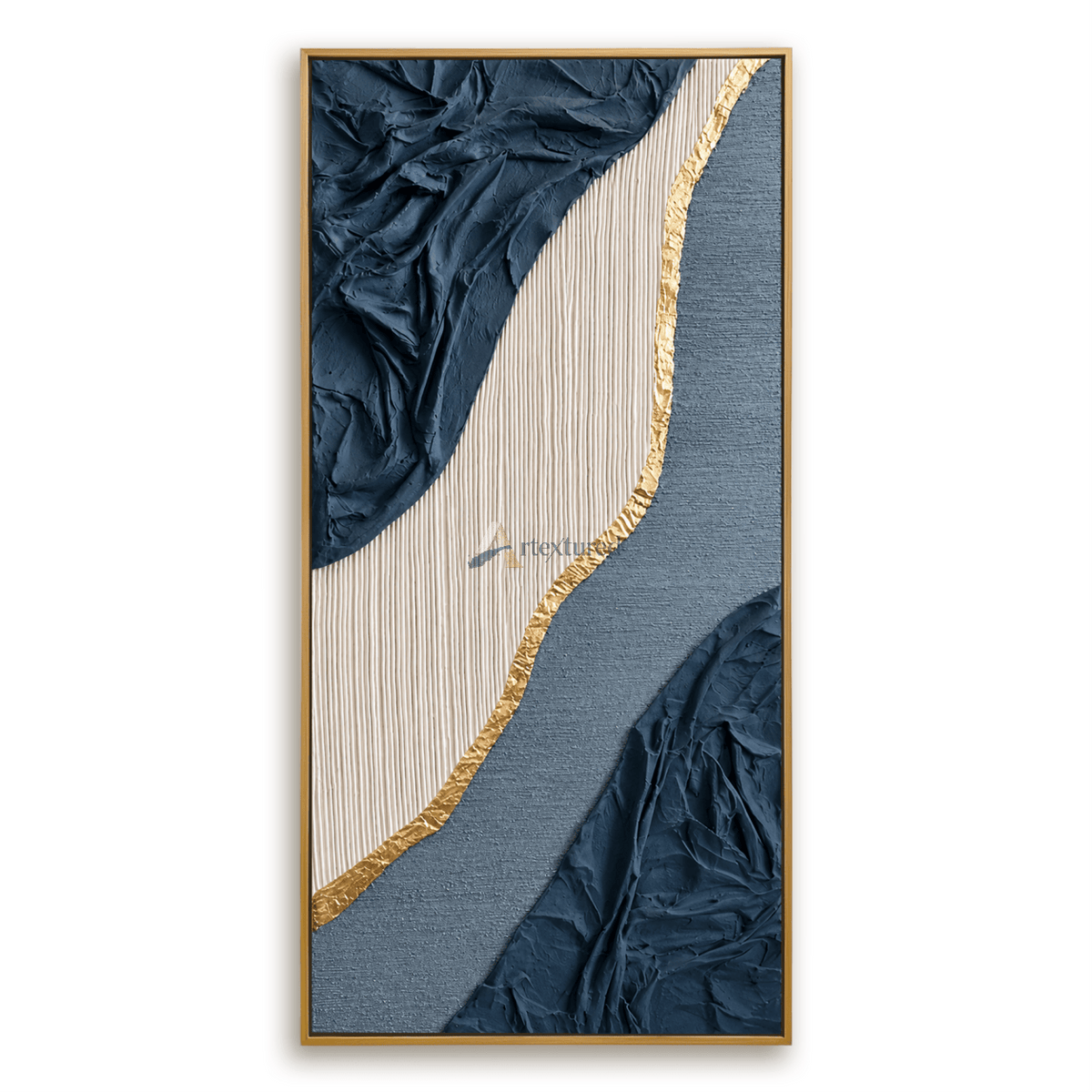 Gilded Current — Hand-Painted Navy Blue Wabi-Sabi Textured Abstract Wall Art#CI260567
