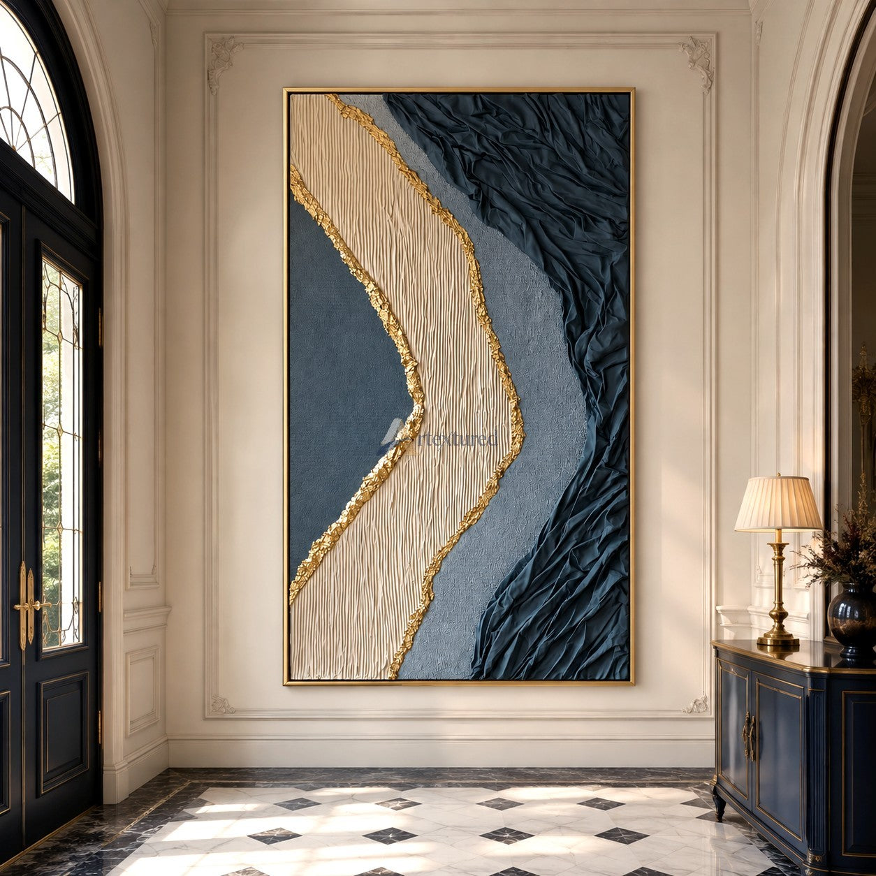 Gilded Divide — Hand-Painted Blue Gray Wabi-Sabi Textured Abstract Wall Art#CI260568