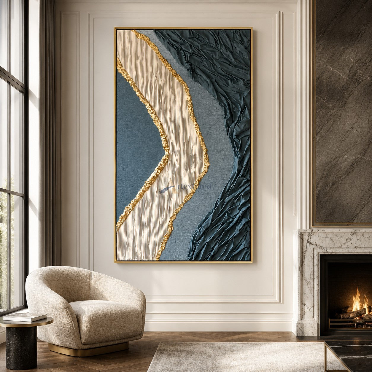 Gilded Divide — Hand-Painted Blue Gray Wabi-Sabi Textured Abstract Wall Art#CI260568