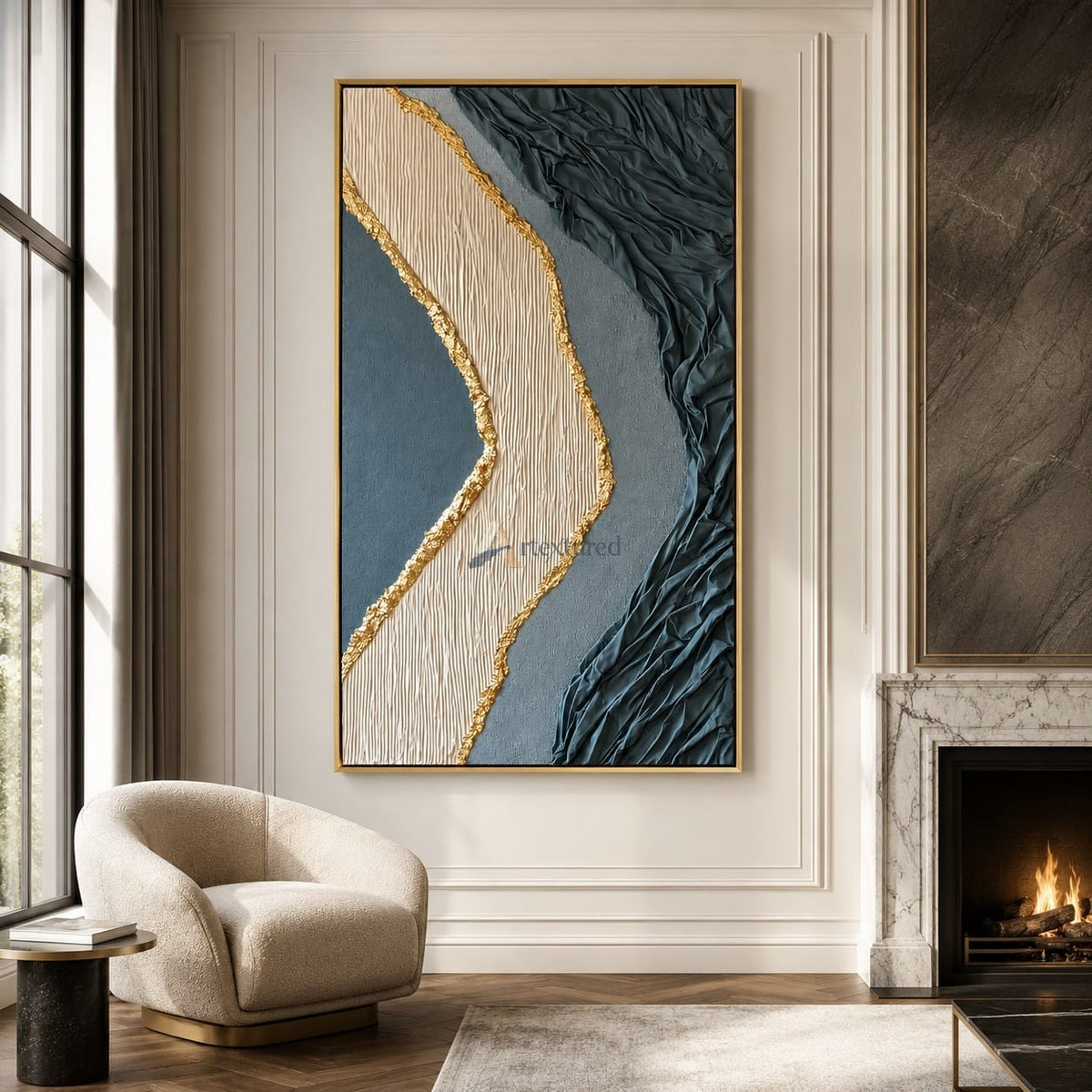 Gilded Divide — Hand-Painted Blue Gray Wabi-Sabi Textured Abstract Wall Art#CI260568