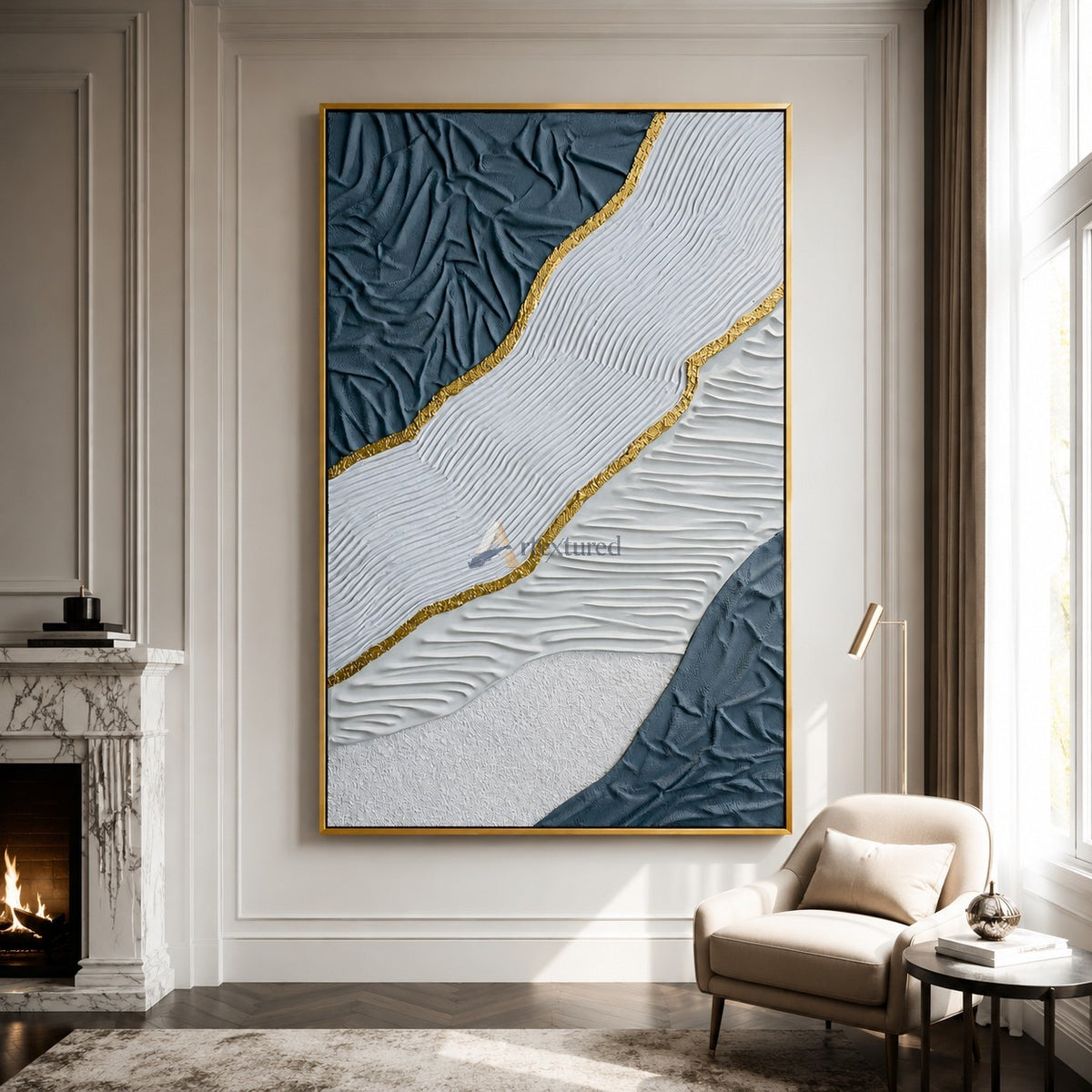 Gilded Tides — Hand-Painted Blue and White Wabi-Sabi Textured Abstract Wall Art#CI260569