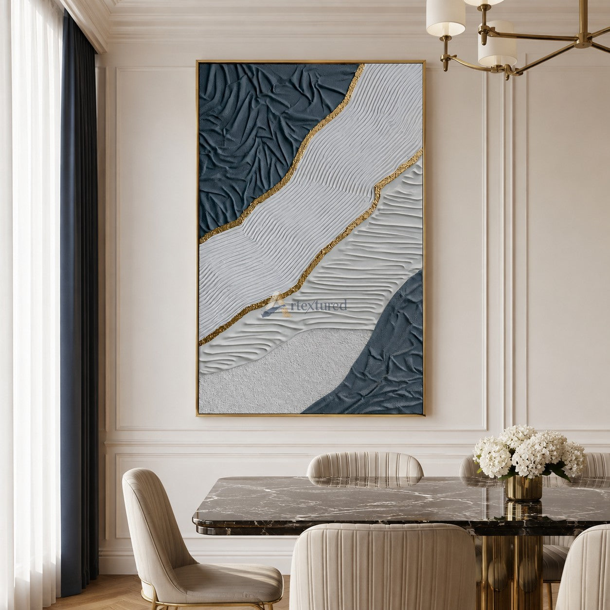 Gilded Tides — Hand-Painted Blue and White Wabi-Sabi Textured Abstract Wall Art#CI260569