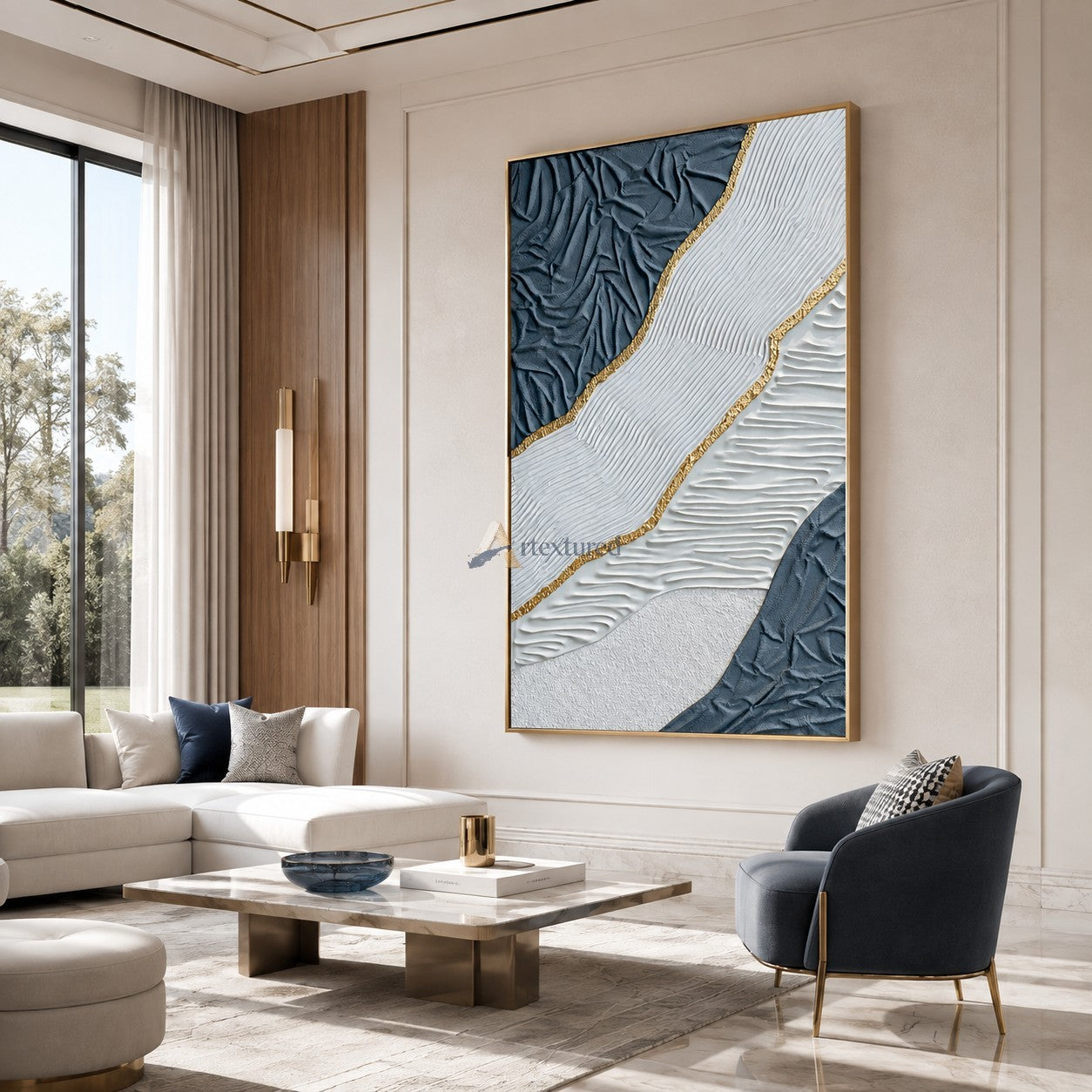 Gilded Tides — Hand-Painted Blue and White Wabi-Sabi Textured Abstract Wall Art#CI260569