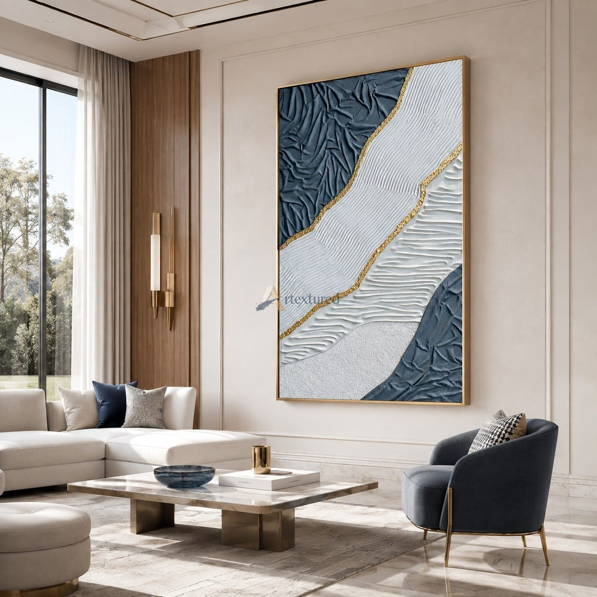 Gilded Tides — Hand-Painted Blue and White Wabi-Sabi Textured Abstract Wall Art#CI260569