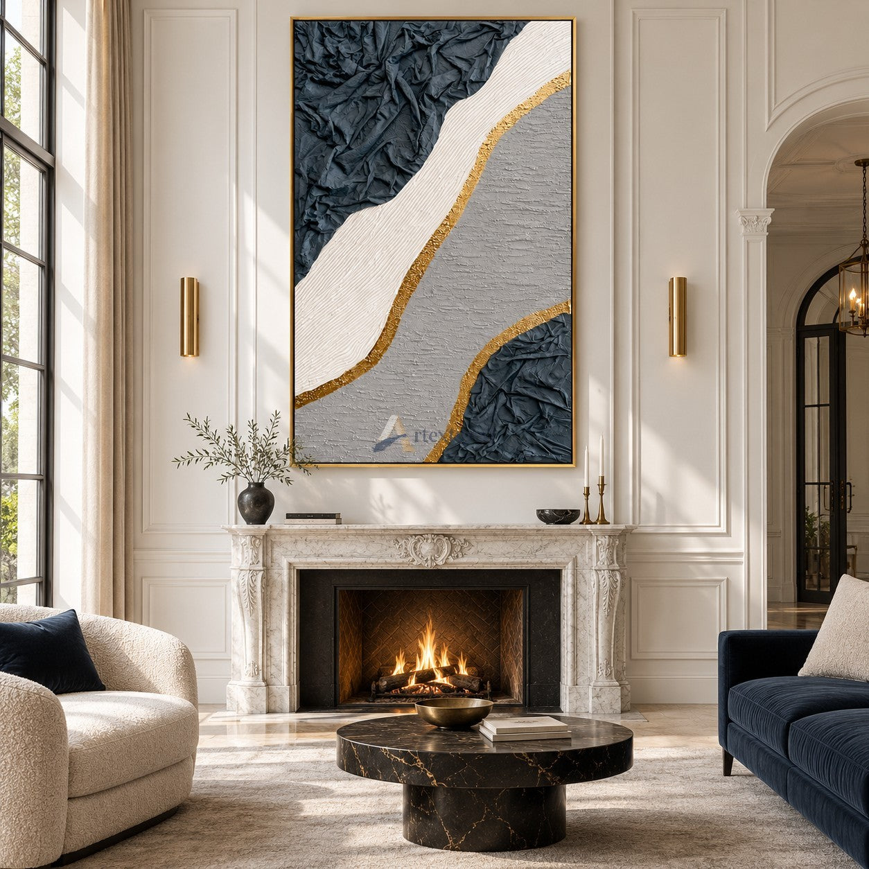 Gilded Terrain — Hand-Painted Blue Gray Wabi-Sabi Textured Abstract Wall Art#CI260570
