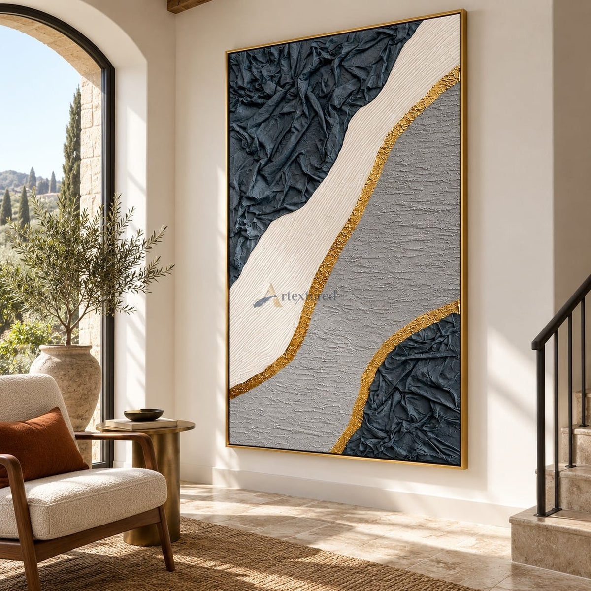 Gilded Terrain — Hand-Painted Blue Gray Wabi-Sabi Textured Abstract Wall Art#CI260570