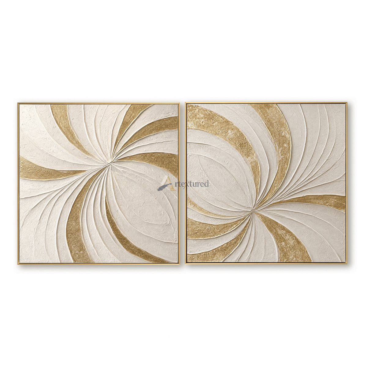 Gilded Motion — Hand-Painted White and Gold Textured Abstract Wall Art Set#CI260571